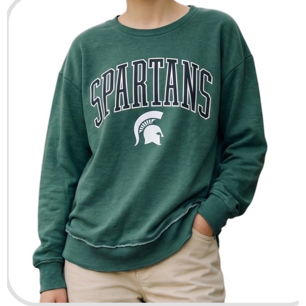 Pressbox Spartans Sweatshirt Women Small Fits Large Green NWT Raw Hem NCAA
